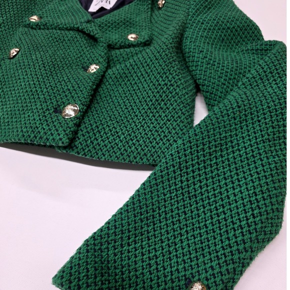 Zara Women Green Houndstooth Cropped Double Breasted Blazer Jacket Size S - Picture 3 of 8